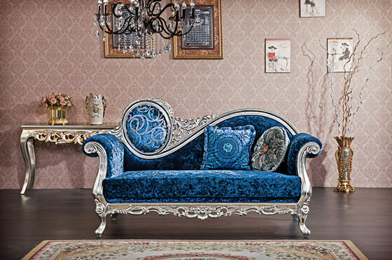 B024 antiguidade francesa azul de prata XY Chaise Lounge Wood Carved luxuosa