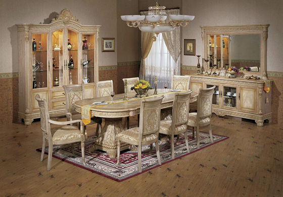 European Luxury Wood Dining Room Sets Round Wood Dining Table Fabric Leather Chairs