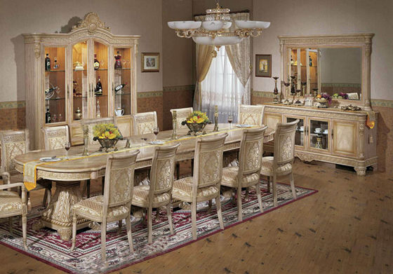 European Luxury Wood Dining Room Sets Round Wood Dining Table Fabric Leather Chairs