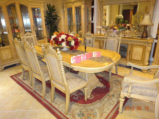 European Luxury Wood Dining Room Sets Round Wood Dining Table Fabric Leather Chairs