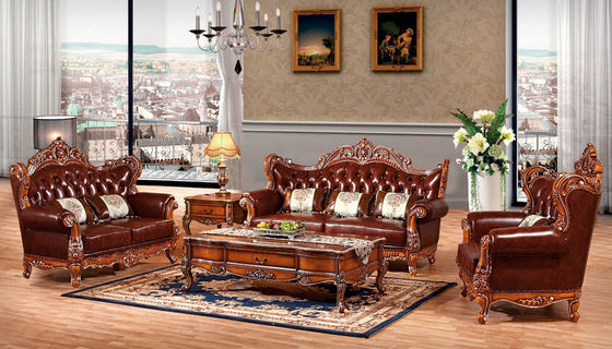 New French style picture leather  and wood sofa furniture antique classic sofa set